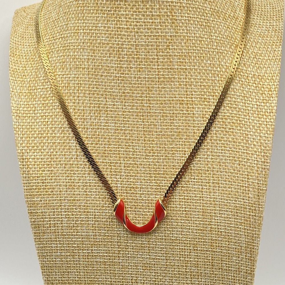 Unsigned Gold Tone Necklace Vintage Red Enamel Statement 21.5"